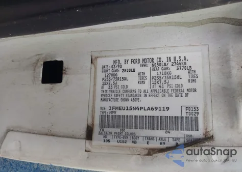 1993 Ford Bronco U100 из США, поврежденный, VIN 1FMEU15N4PLA69119